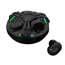 Black Shark Rokas 5 Inalámbricos Bluetooth ANC Negro con estuche circular gamer negro, luces LED verdes, tapa con diseño industrial y audífonos compactos