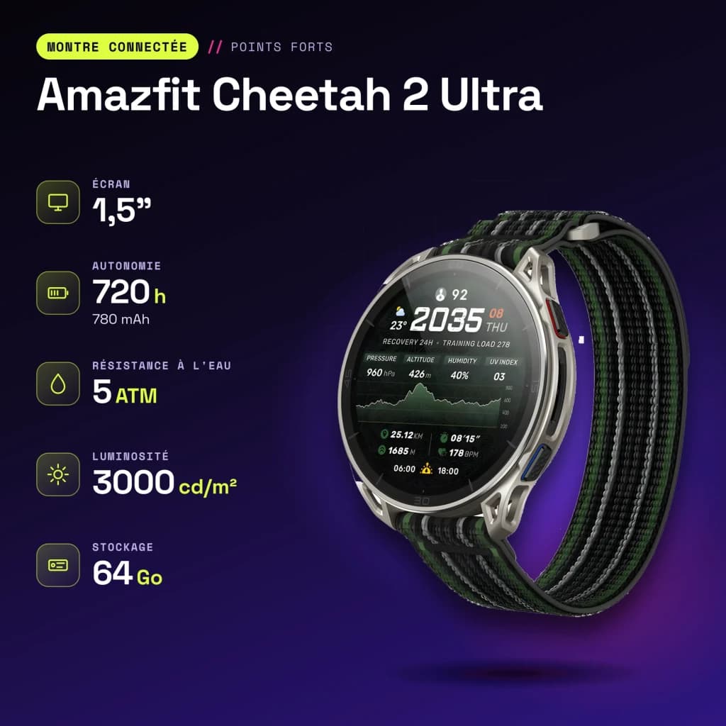 AMAZFIT Smartwatch Cheetah 2 Ultra titane - caractéristiques