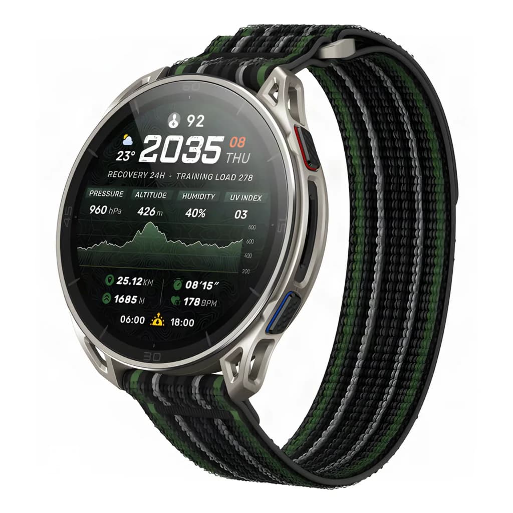 Amazfit Cheetah 2 Ultra Cartes offline 30 Jours GPS Titane, vue avant en angle: boîtier titane, bracelet nylon vert-noir