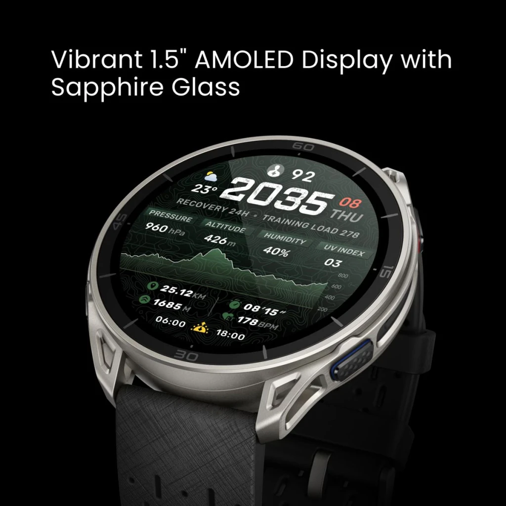 Amazfit Cheetah 2 Ultra Cartes offline 30 Jours GPS Titane, vue frontale en angle: écran AMOLED 1,5" avec métriques