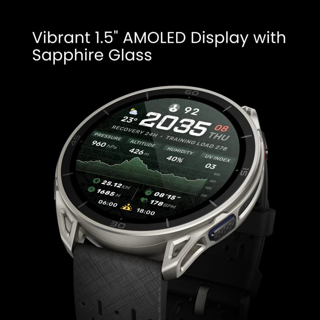 Amazfit Cheetah 2 Ultra Cartes offline 30 Jours GPS Titane, vue frontale en angle: écran AMOLED 1,5" avec métriques