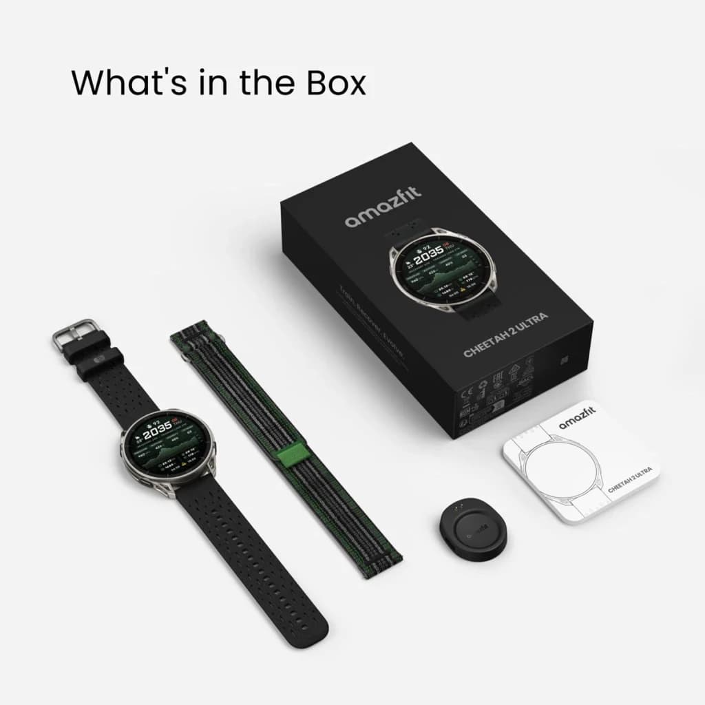 Amazfit Cheetah 2 Ultra Cartes offline 30 Jours GPS Titane, contenu boîte: montre, bracelet nylon vert, bracelet silicone