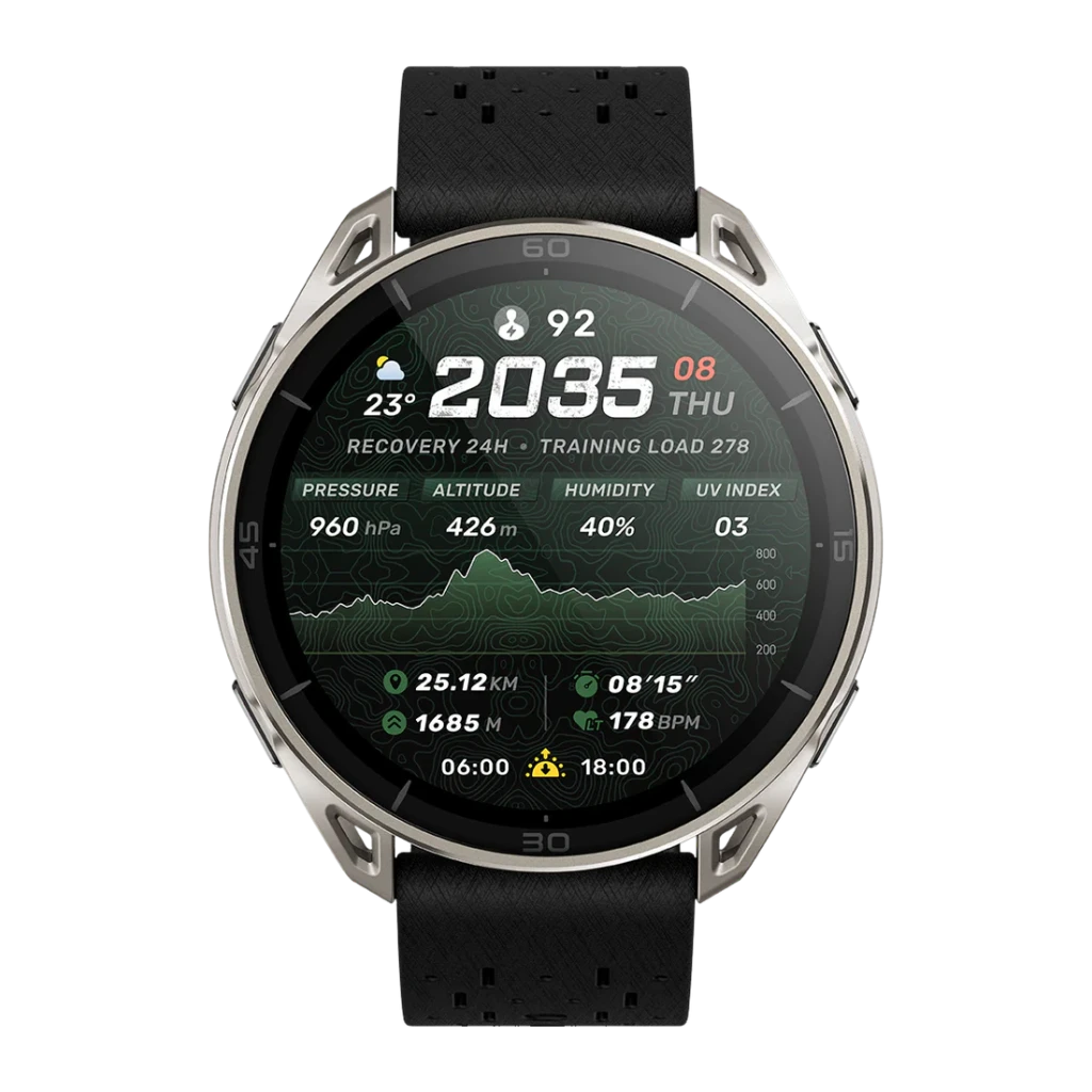 Amazfit Cheetah 2 Ultra Cartes offline 30 Jours GPS Titane, face avant: écran affichant charge d'entraînement, altitude