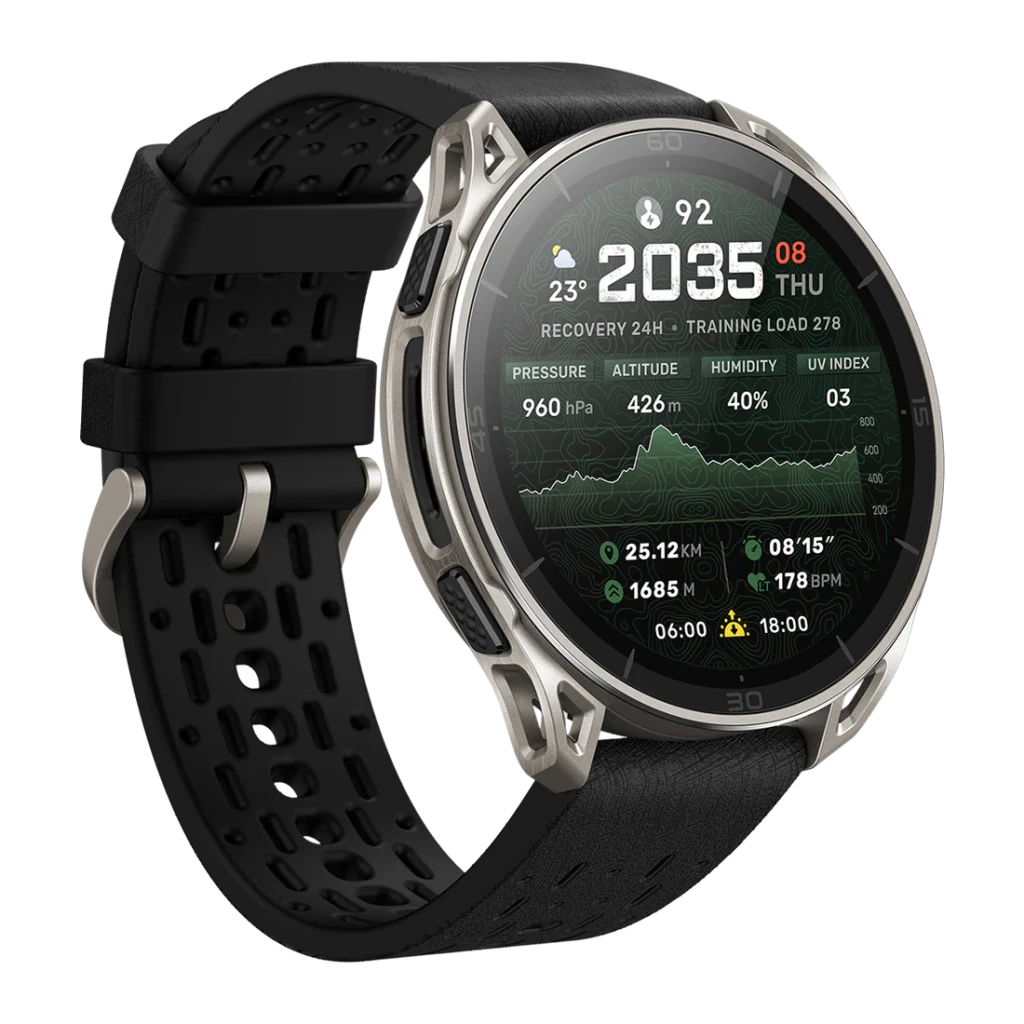 Amazfit Cheetah 2 Ultra Cartes offline 30 Jours GPS Titane, vue avant en angle: écran affichant altitude, pression