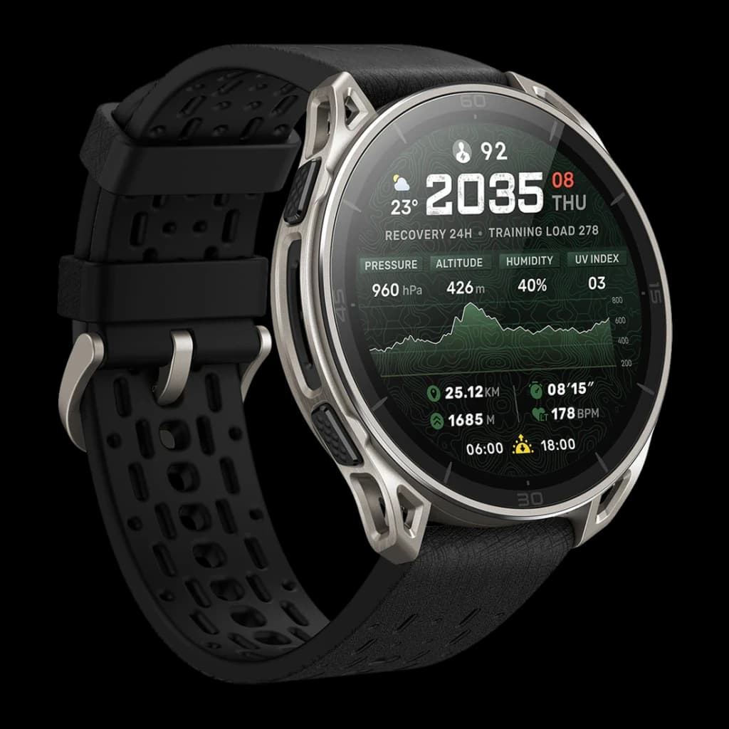 Amazfit Cheetah 2 Ultra Cartes offline 30 Jours GPS Titane, vue avant en angle: écran affichant altitude, pression