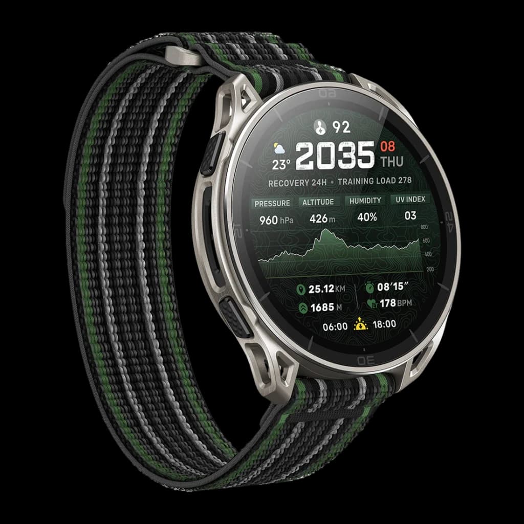 Amazfit Cheetah 2 Ultra Cartes offline 30 Jours GPS Titane, vue latérale: écran données d'entraînement, boîtier titane