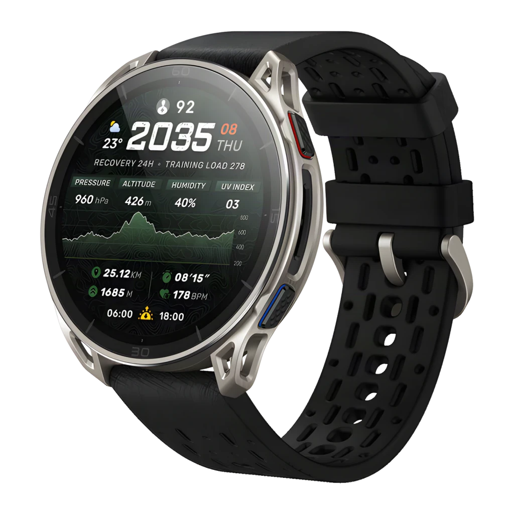Amazfit Cheetah 2 Ultra Cartes offline 30 Jours GPS Titane, vue avant en angle: écran affichant altitude, pression