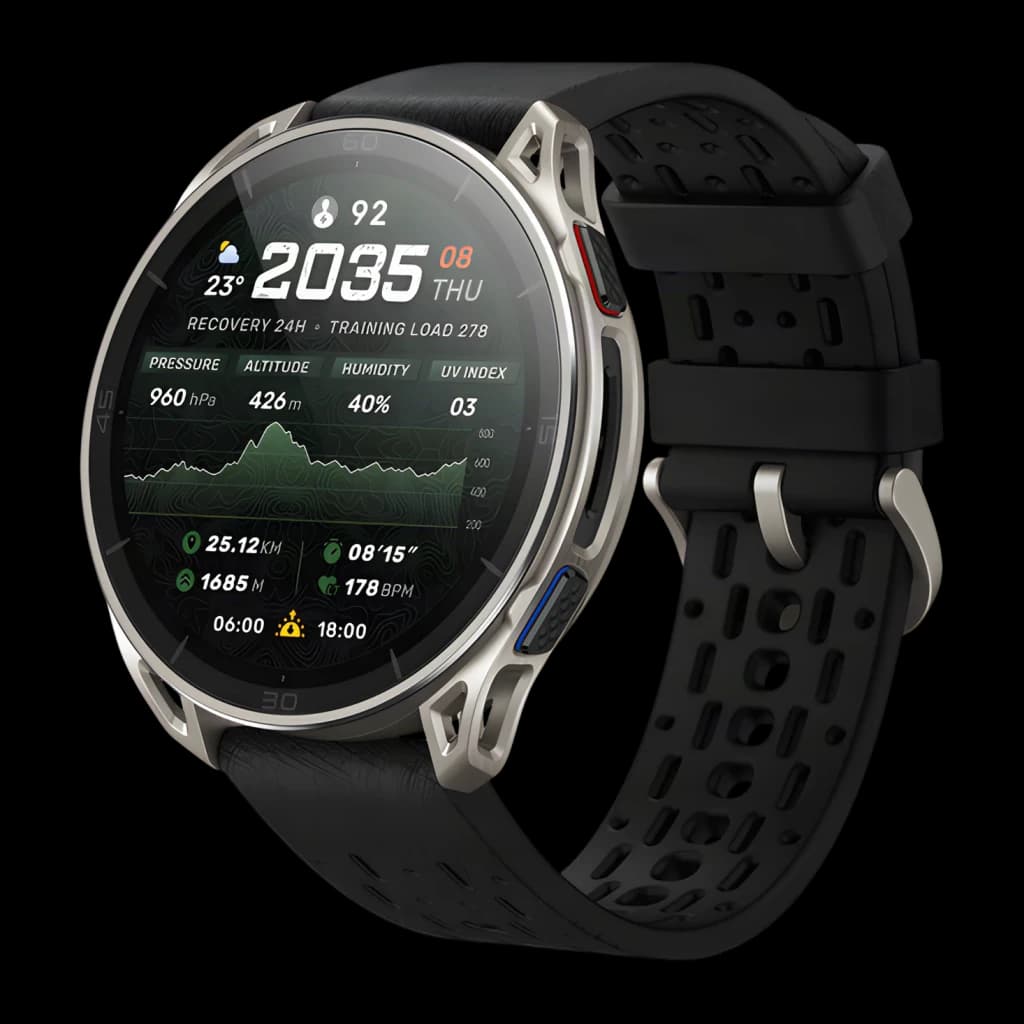 Amazfit Cheetah 2 Ultra Cartes offline 30 Jours GPS Titane, vue avant en angle: écran affichant altitude, pression