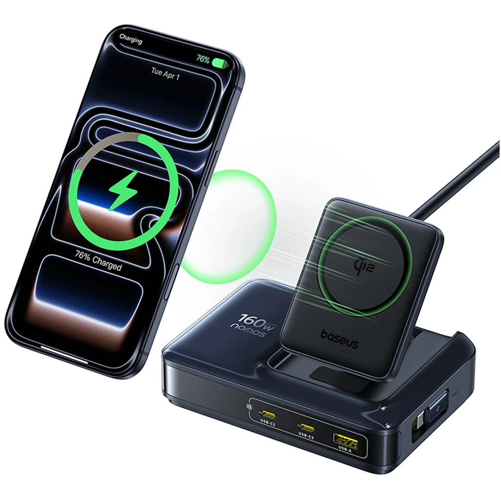 Cargador Baseus Nomos NH21 4 en 1 160W GaN con base negra, soporte magnético Qi2, 2 puertos USB C, 1 USB A y cable integrado USB C, diseño compacto y - Ítem1