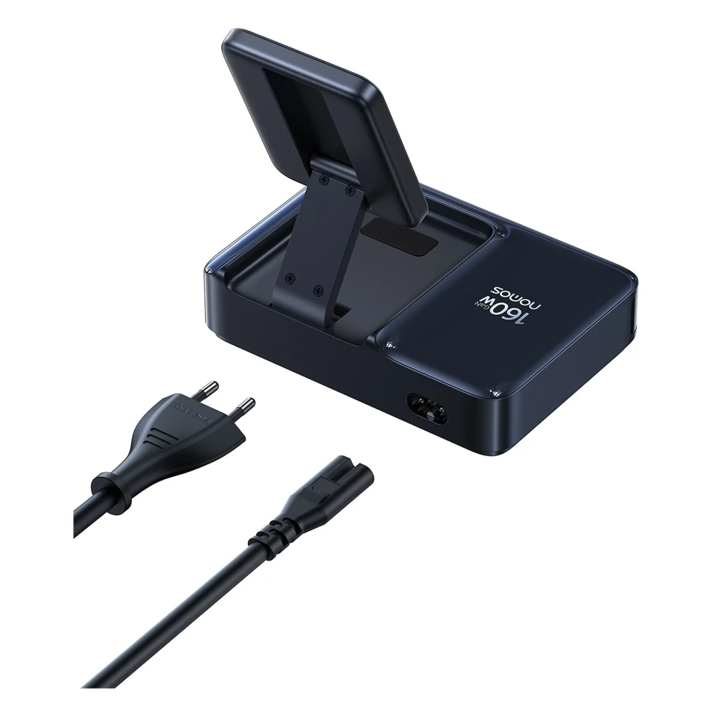 Cargador Baseus Nomos NH21 4 en 1 160W GaN con base negra, soporte magnético Qi2, 2 puertos USB C, 1 USB A y cable integrado USB C, diseño compacto y - Ítem2