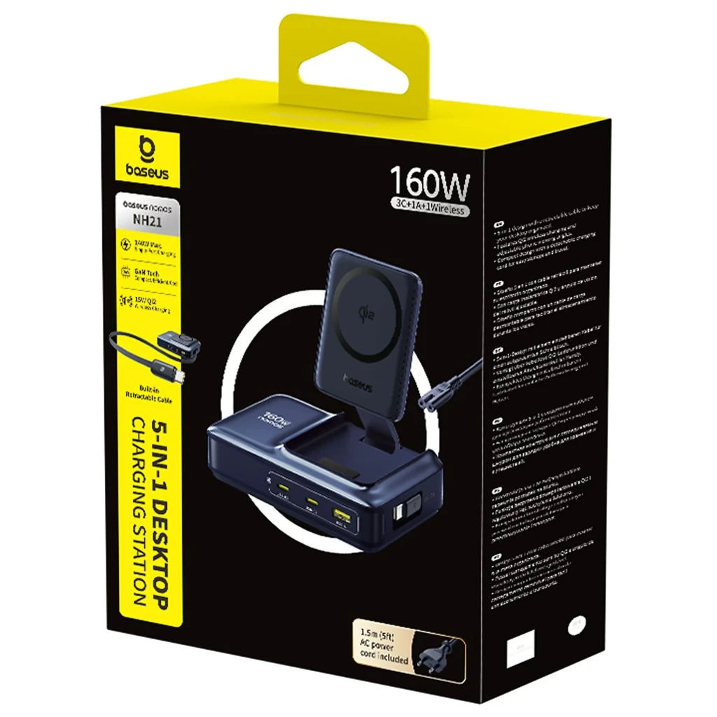 Cargador Baseus Nomos NH21 4 en 1 160W GaN con base negra, soporte magnético Qi2, 2 puertos USB C, 1 USB A y cable integrado USB C, diseño compacto y - Ítem5