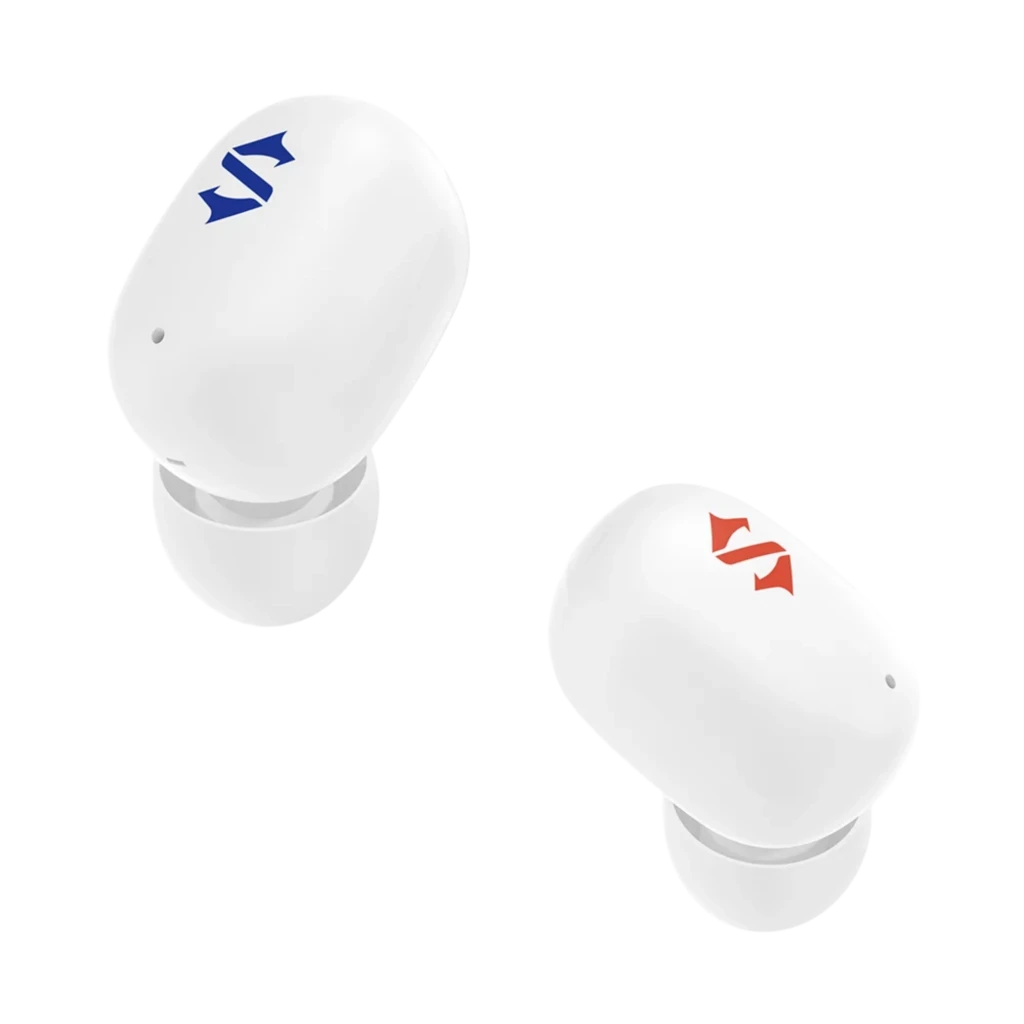 Black Shark Rokas 5 Inalámbricos Bluetooth ANC Blanco con estuche circular blanco estilo turbina, detalles azules y luces LED verdes; audífono intraaural - Ítem3