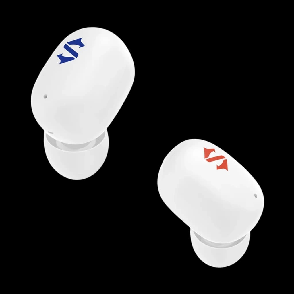 Auriculares Black Shark Rokas 5 inalámbricos ANC en color blanco, diseño in ear con puntas de silicona, logotipos en azul y rojo, acabado brillante