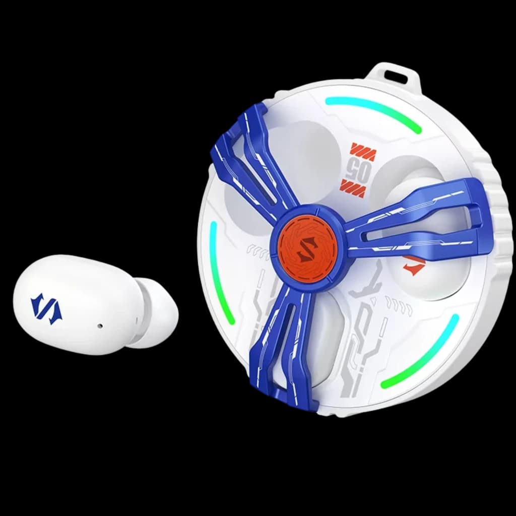 Black Shark Rokas 5 Inalámbricos Bluetooth ANC Blanco con estuche circular blanco estilo turbina, detalles azules y luces LED verdes; audífono intraaural
