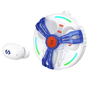 Black Shark Rokas 5 Inalámbricos Bluetooth ANC Blanco con estuche circular blanco estilo turbina, detalles azules y luces LED verdes; audífono intraaural