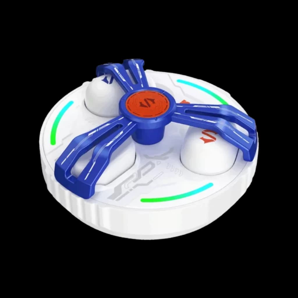 Black Shark Rokas 5 Inalámbricos Bluetooth ANC Blanco con base circular blanca y tapa azul tipo araña, luces LED verdes y cápsulas auriculares blancas