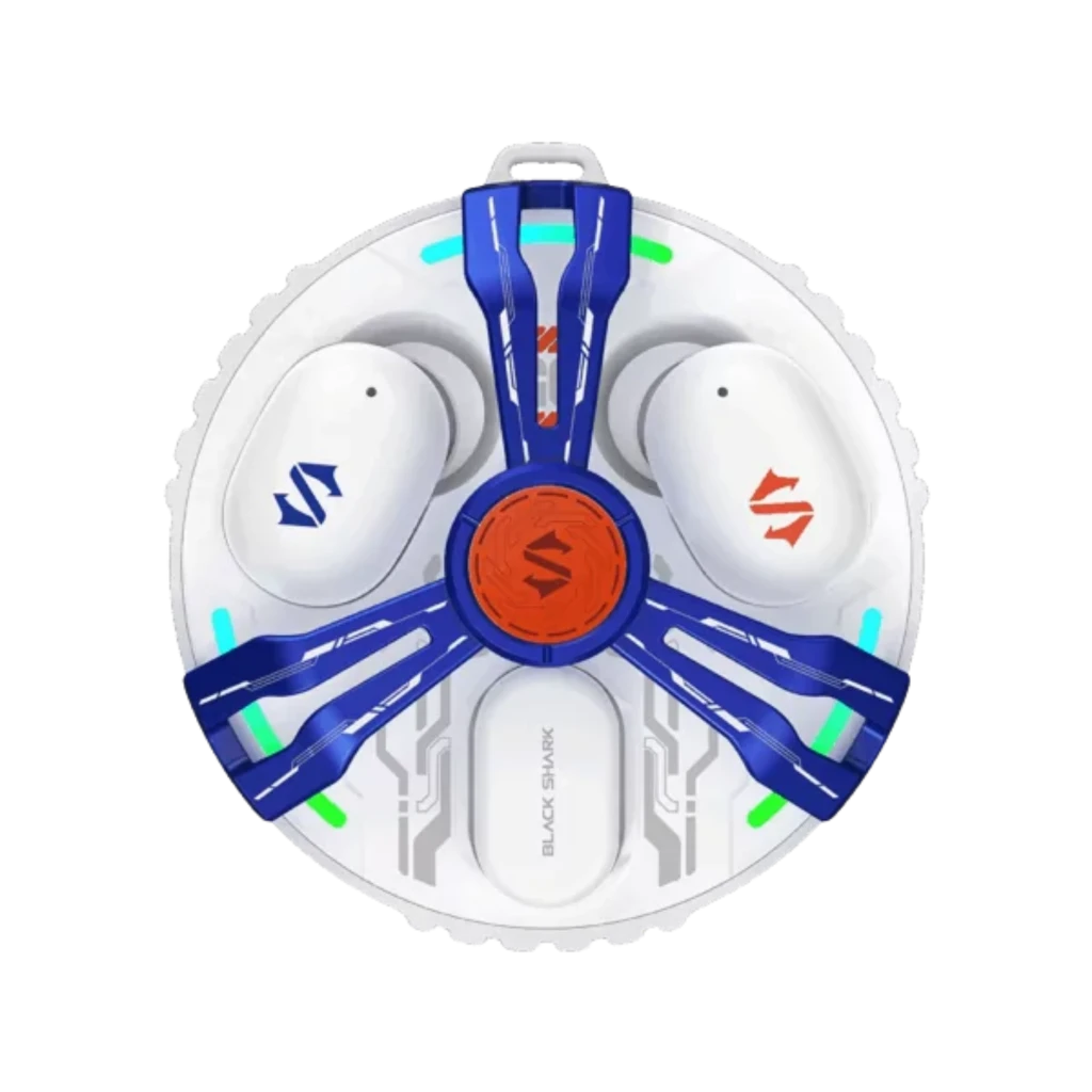 Black Shark Rokas 5 Inalámbricos Bluetooth ANC Blanco con estuche circular blanco estilo turbina, detalles azules y luces LED verdes; audífono intraaural - Ítem1