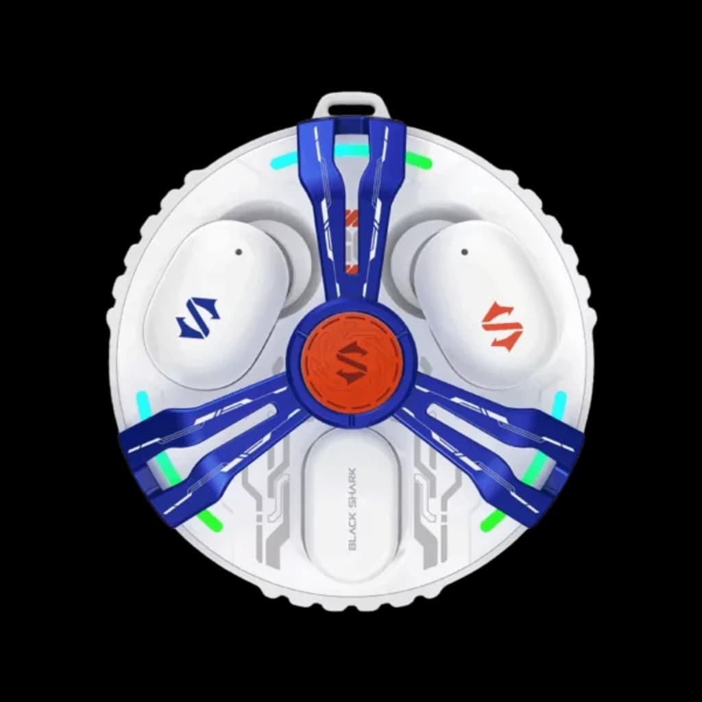 Black Shark Rokas 5 Inalámbricos Bluetooth ANC Blanco con estuche circular futurista blanco, detalles azules y rojos, auriculares in-ear compactos y