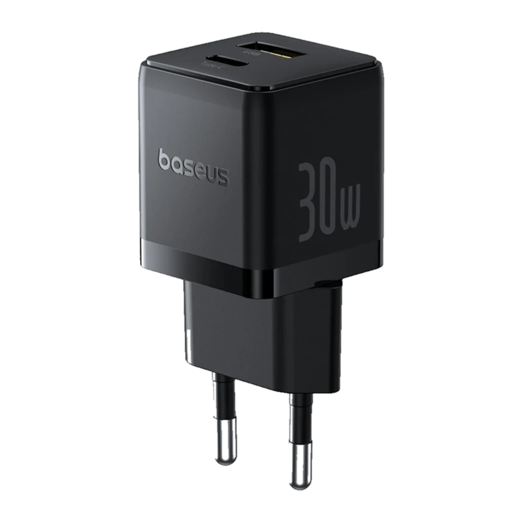 Baseus Palm Fast Charger 30W USB-A + USB-C cargador de pared negro, compacto, acabado mate, dos puertos con detalle amarillo y enchufe europeo - Ítem4