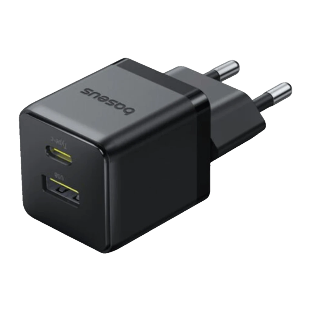Baseus Palm Fast Charger 30W USB-A + USB-C cargador de pared negro, compacto, acabado mate, dos puertos con detalle amarillo y enchufe europeo - Ítem3