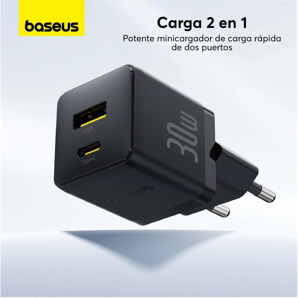 Baseus Palm Fast Charger 30W USB-A + USB-C cargador de pared negro, compacto, acabado mate, dos puertos con detalle amarillo y enchufe europeo - Ítem2