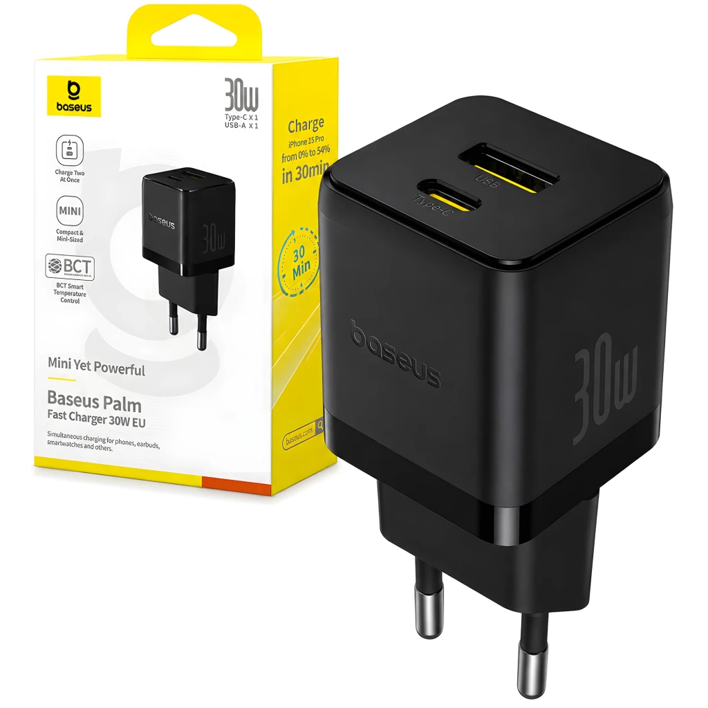 Baseus Palm Fast Charger 30W USB-A + USB-C cargador de pared negro, compacto, acabado mate, dos puertos con detalle amarillo y enchufe europeo - Ítem1
