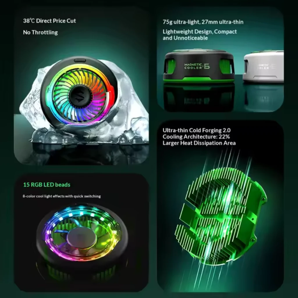 Black Shark Magnetic Cooler 6 branco, refrigerador magnético 35 W com ventoinha RGB circular, grelhas laterais e acabamento compacto para resfriamento - Item4
