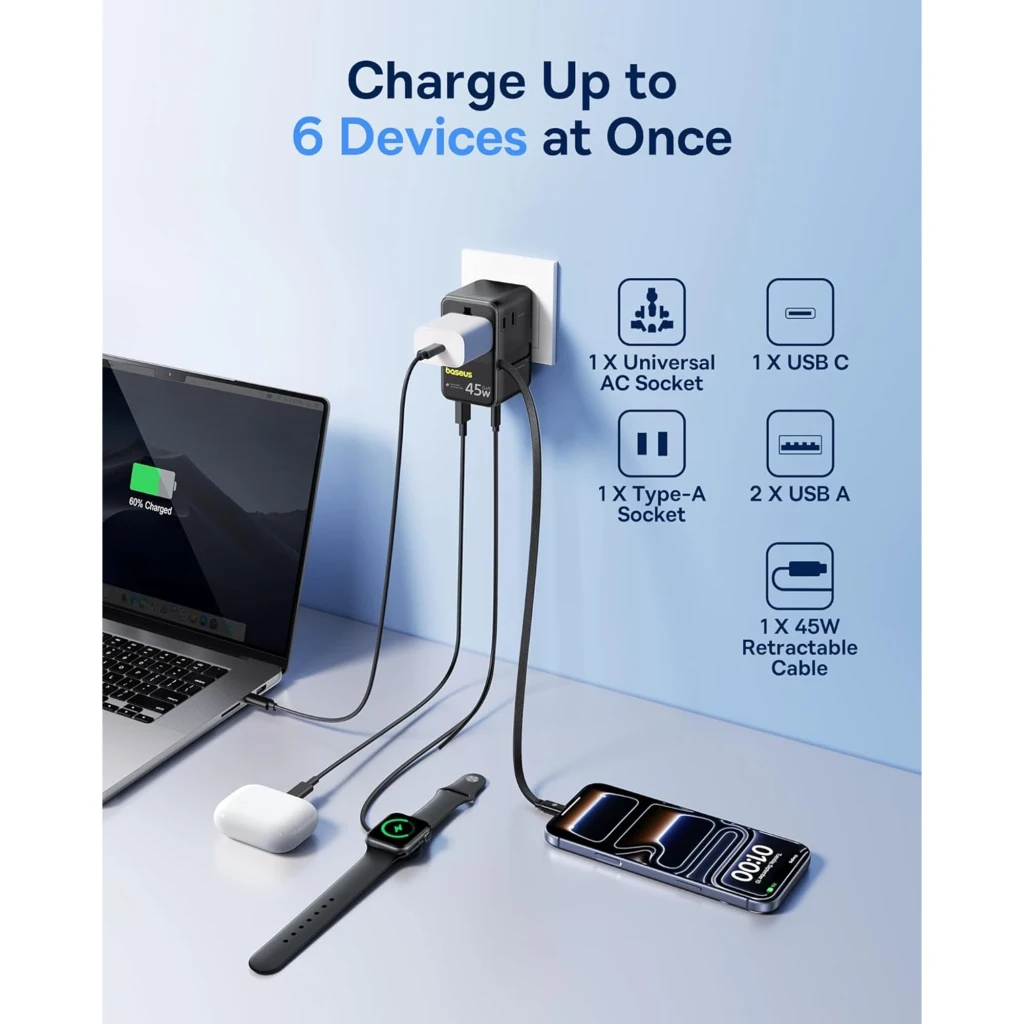 Baseus PicoGo AG11 carregador GaN 45 W preto com tomada universal, USB-C e USB-A, cabo destacável, design compacto e botão lateral amarelo - Item4