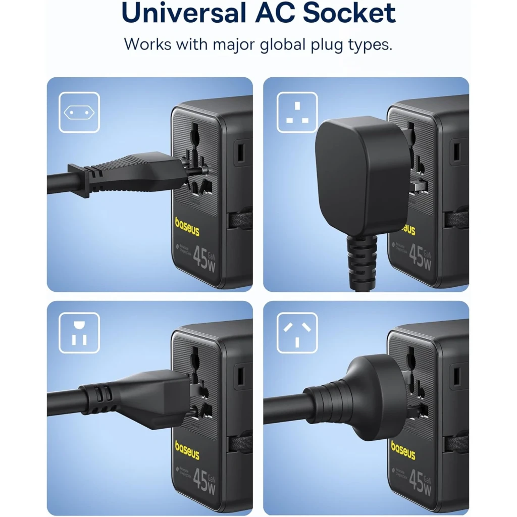 Baseus PicoGo AG11 carregador GaN 45 W preto com tomada universal, USB-C e USB-A, cabo destacável, design compacto e botão lateral amarelo - Item3