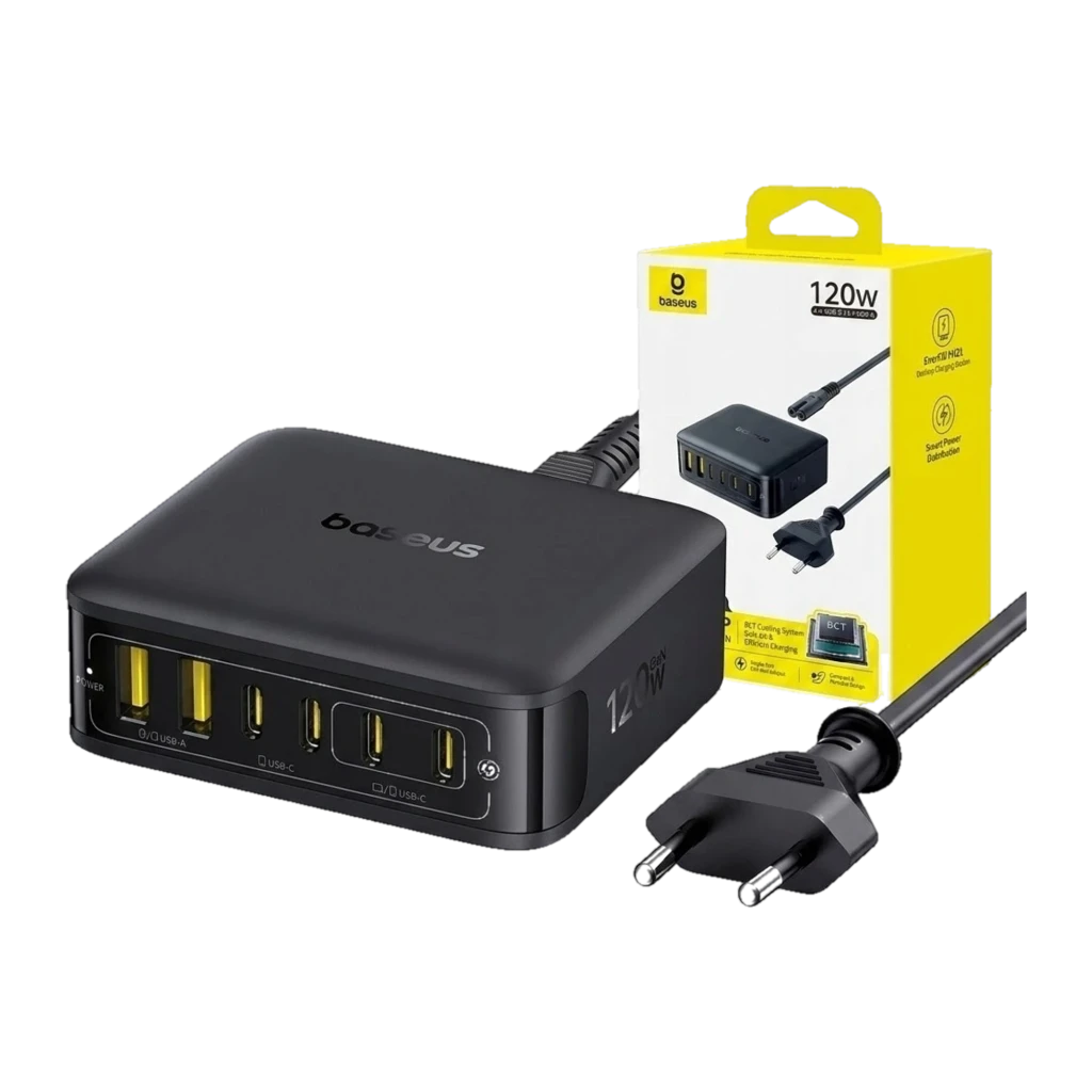 Baseus E0120T00 120 W, carregador universal compacto em preto, 6 portas: 4 USB-A e 2 USB-C, indicativo 120W na lateral, cabo fixo robusto - Item6