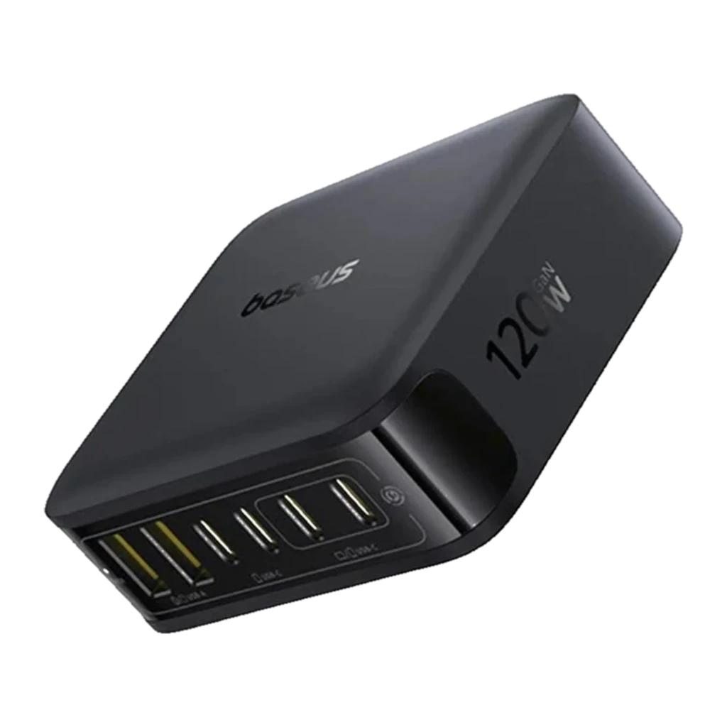 Baseus E0120T00 120 W, carregador universal compacto em preto, 6 portas: 4 USB-A e 2 USB-C, indicativo 120W na lateral, cabo fixo robusto - Item1