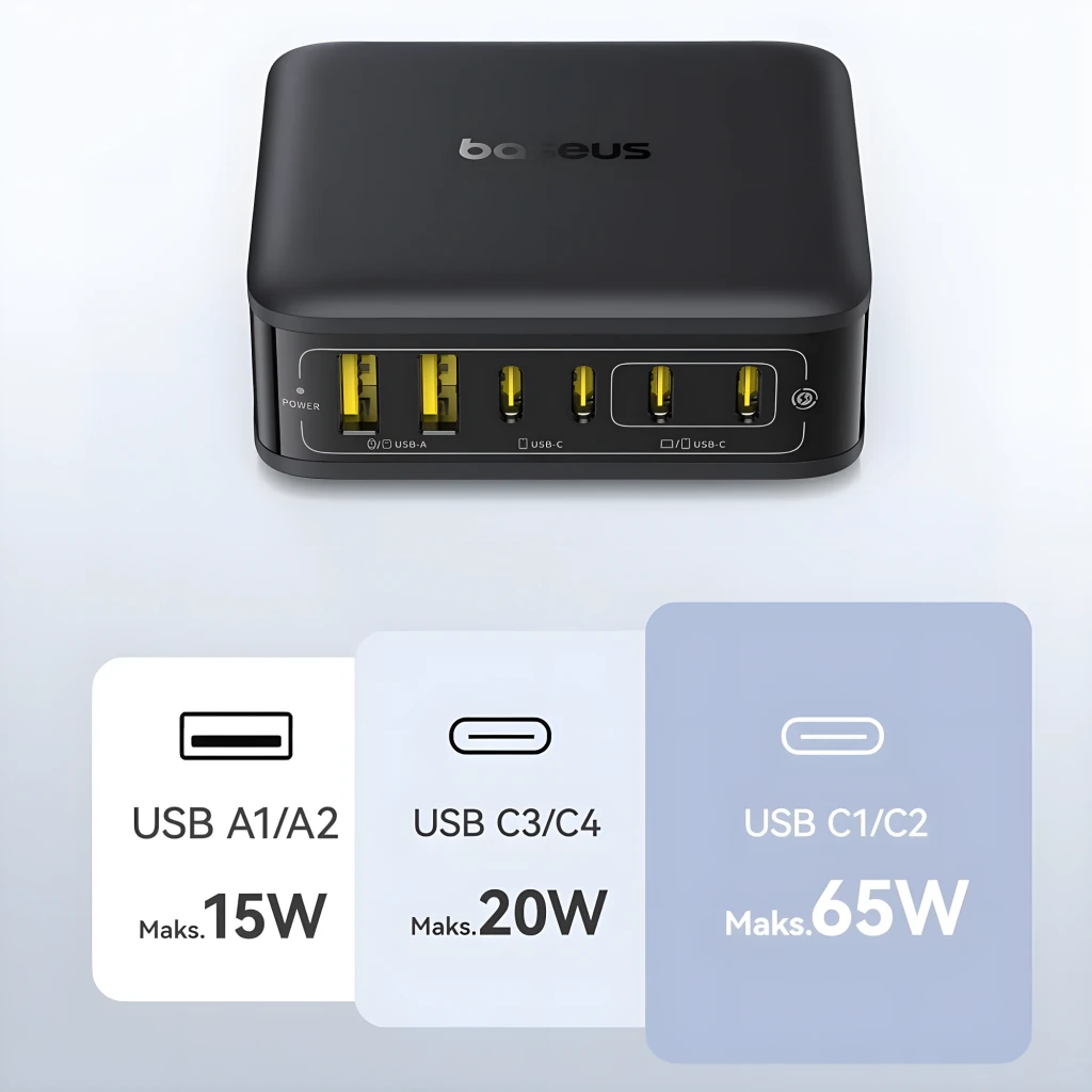 Baseus E0120T00 120 W, carregador universal compacto em preto, 6 portas: 4 USB-A e 2 USB-C, indicativo 120W na lateral, cabo fixo robusto - Item5
