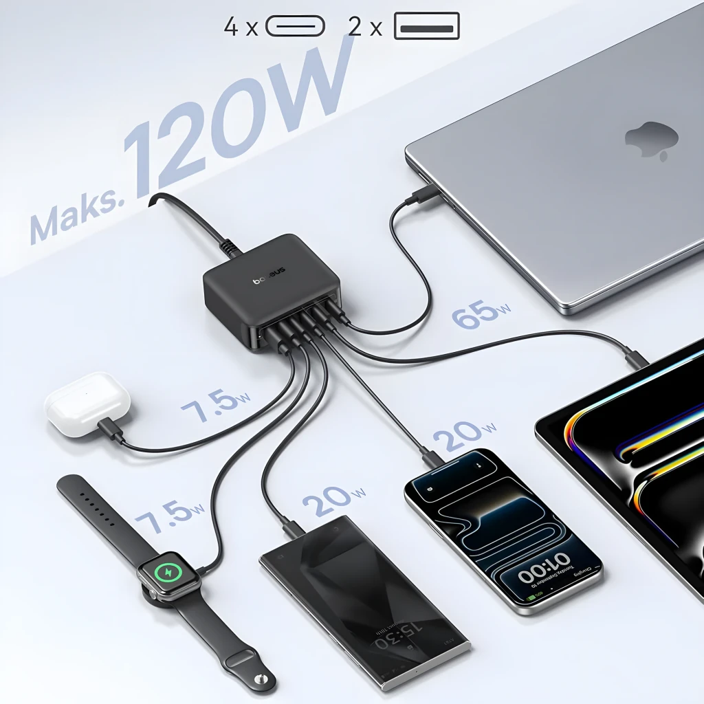 Baseus E0120T00 120 W, carregador universal compacto em preto, 6 portas: 4 USB-A e 2 USB-C, indicativo 120W na lateral, cabo fixo robusto - Item3