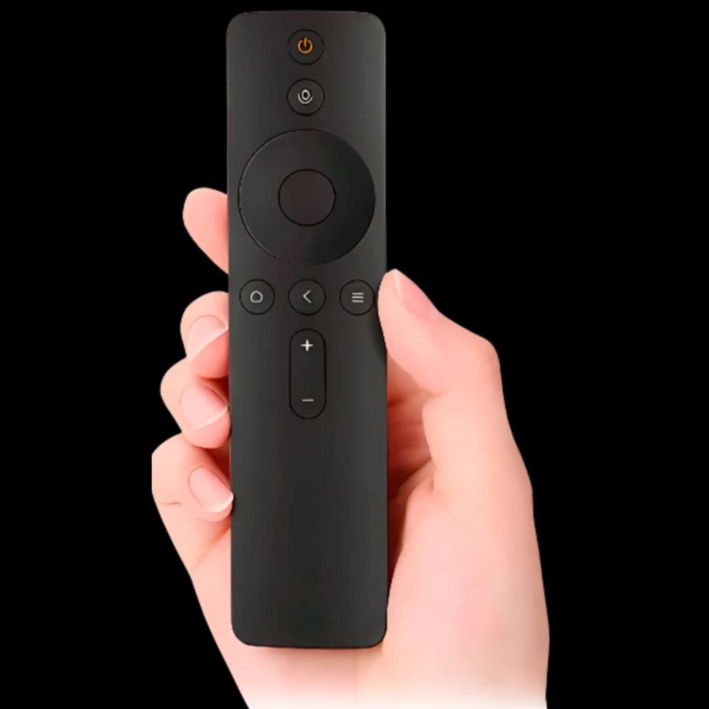Comando Remoto Xiaomi para TV Box / TV Stick / Smart TV, preto, compacto, botões circulares, volume + e -, navegação direcional, tecla de energia e microfone