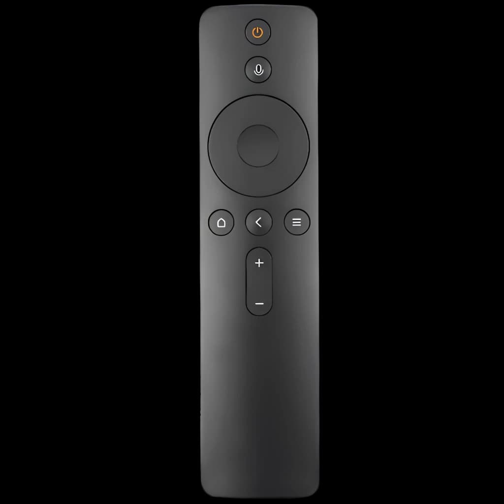 Comando Remoto Xiaomi para TV Box / TV Stick / Smart TV em preto, corpo slim, botões circulares com power, voz, navegação direcional e controle de volume