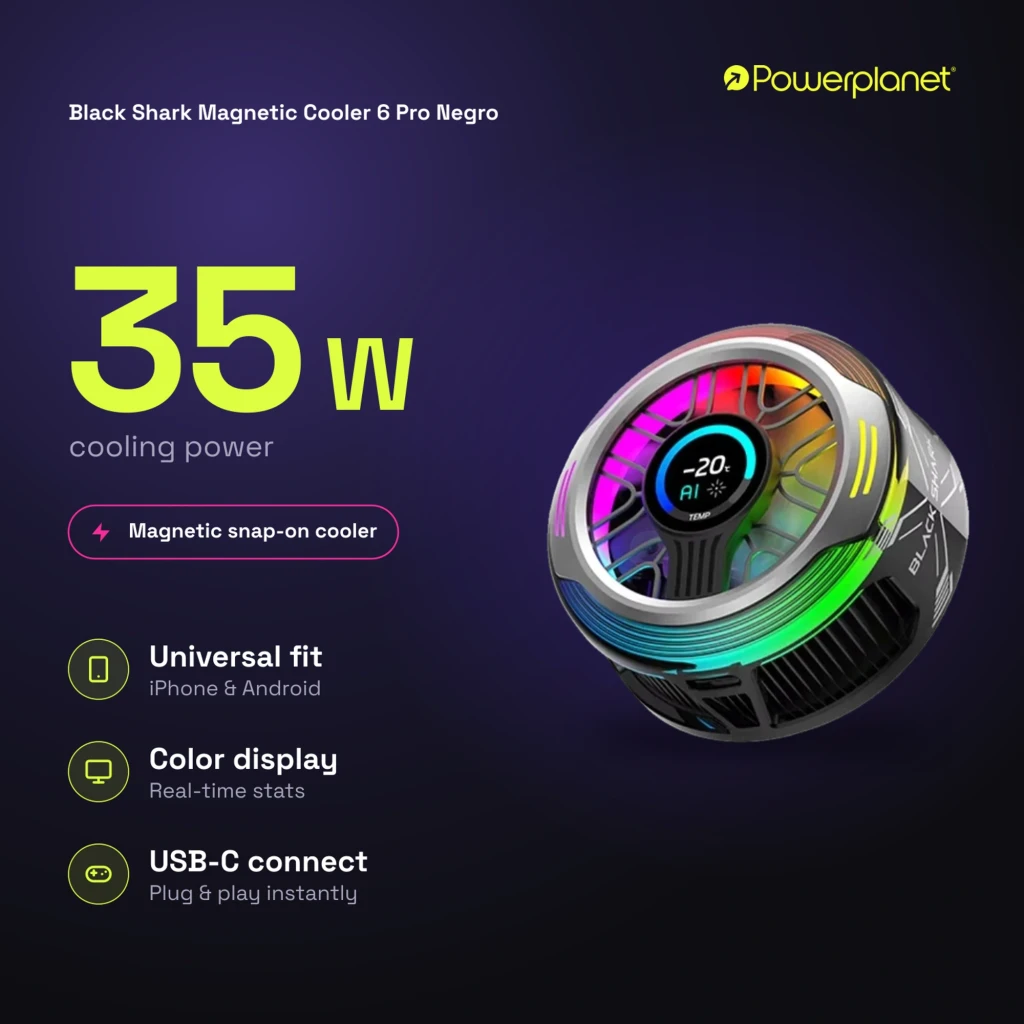 Refrigerador magnético para smartphone negro con ventilador RGB, pantalla de temperatura y diseño circular futurista; luces multicolor y puerto USB-C 35 W - Ítem2