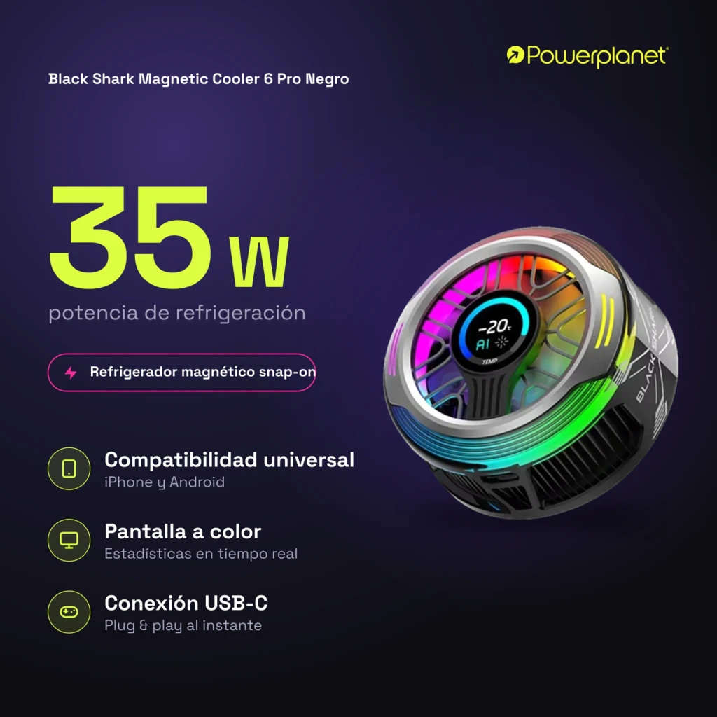 Refrigerador magnético para smartphone negro con ventilador RGB, pantalla de temperatura y diseño circular futurista; luces multicolor y puerto USB-C 35 W - Ítem4