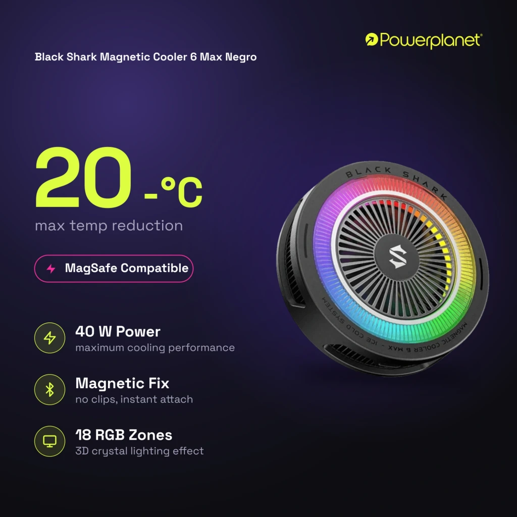 Black Shark Magnetic Cooler 6 Max MagSafe para Móvil con ventilador circular, rejilla metálica y aro LED RGB multicolor; diseño negro compacto y magnético - Ítem1