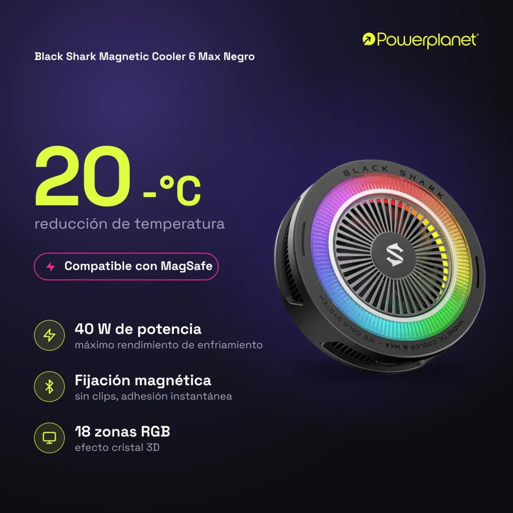 Black Shark Magnetic Cooler 6 Max MagSafe para Móvil con ventilador circular, rejilla metálica y aro LED RGB multicolor; diseño negro compacto y magnético - Ítem3