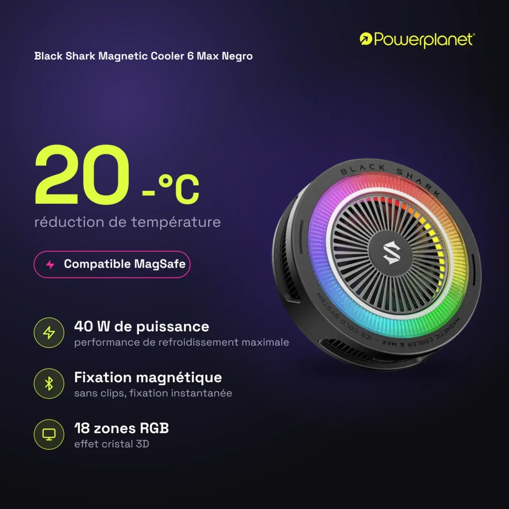 Black Shark Magnetic Cooler 6 Max MagSafe para Móvil con ventilador circular, rejilla metálica y aro LED RGB multicolor; diseño negro compacto y magnético - Ítem2