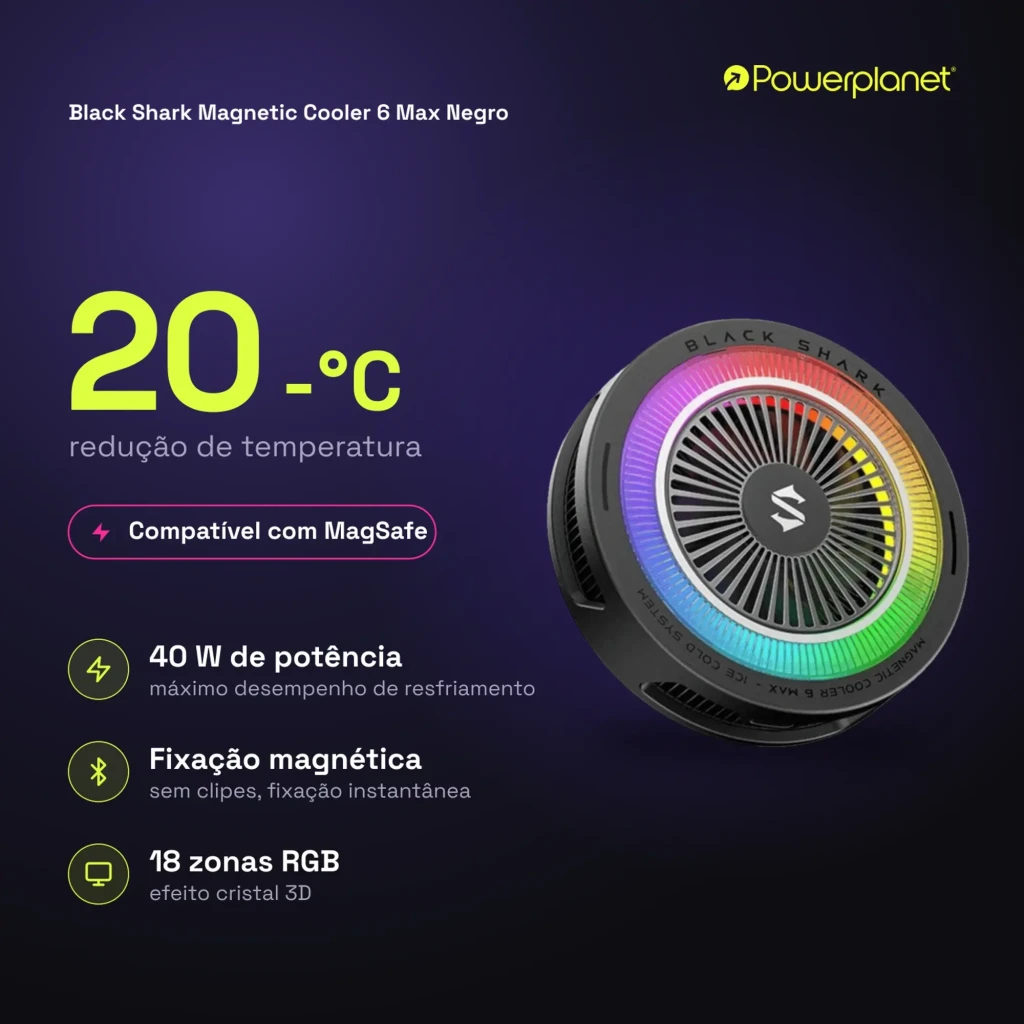 Black Shark Magnetic Cooler 6 Max MagSafe para Móvil con ventilador circular, rejilla metálica y aro LED RGB multicolor; diseño negro compacto y magnético - Ítem4