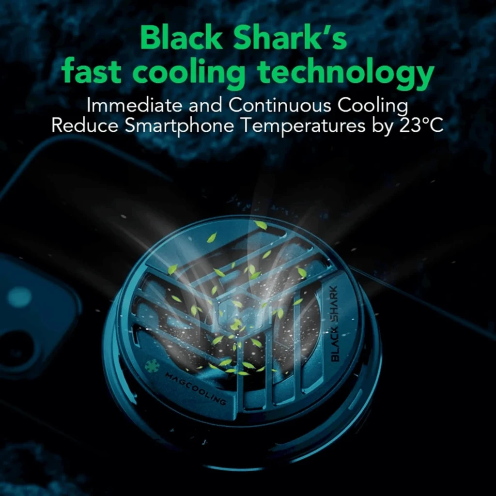 Refrigerador móvil Black Shark 35 W negro con ventilador circular, rejilla metálica, luz RGB y botón delantero; compacto con detalles verdes y logotipo - Ítem4
