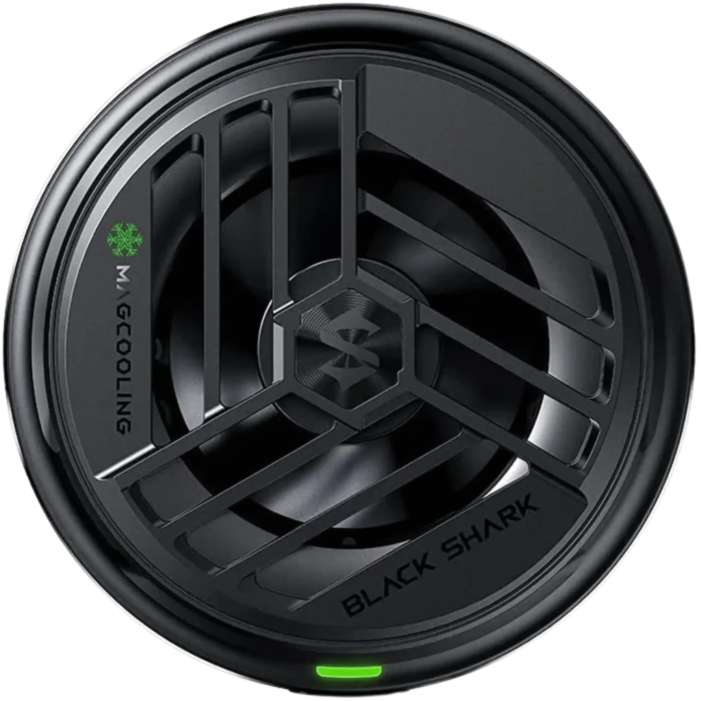 Refrigerador móvil Black Shark 35 W negro con ventilador circular, rejilla metálica, luz RGB y botón delantero; compacto con detalles verdes y logotipo - Ítem1