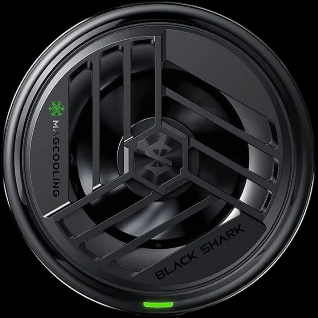 Ventoinha Black Shark com grelha preta, LED verde, logotipo central e detalhe Mi Cooling; design circular robusto para refrigeração móvel com RGB e Bluetooth