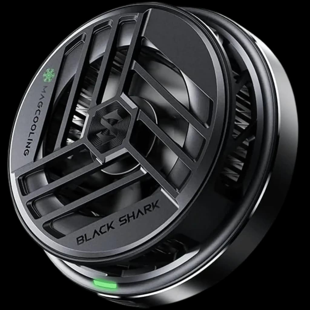 Black Shark Live Streaming Cooler preto, corpo circular com grelha metálica, ventoinha central, LED verde, detalhes RGB e logotipo S em destaque