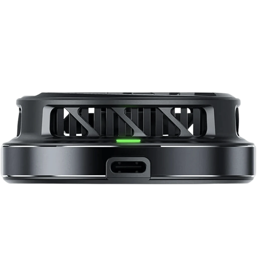 Refrigerador móvil Black Shark 35 W negro con ventilador circular, rejilla metálica, luz RGB y botón delantero; compacto con detalles verdes y logotipo - Ítem2