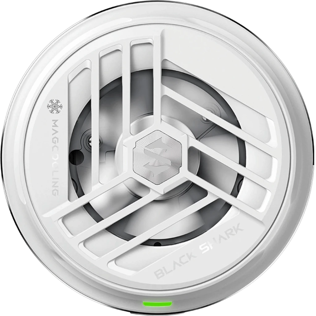 Refrigerador móvil Black Shark blanco, 35 W con Bluetooth y luz RGB. Diseño circular con ventilador visible, rejillas frontales y LED indicador verde. - Ítem5