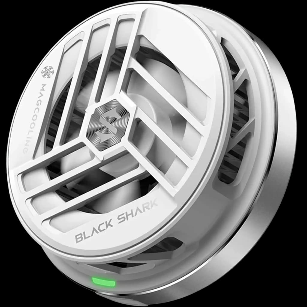 Refrigerador móvil Black Shark blanco, 35 W con Bluetooth y luz RGB. Diseño circular con ventilador visible, rejillas frontales y LED indicador verde.