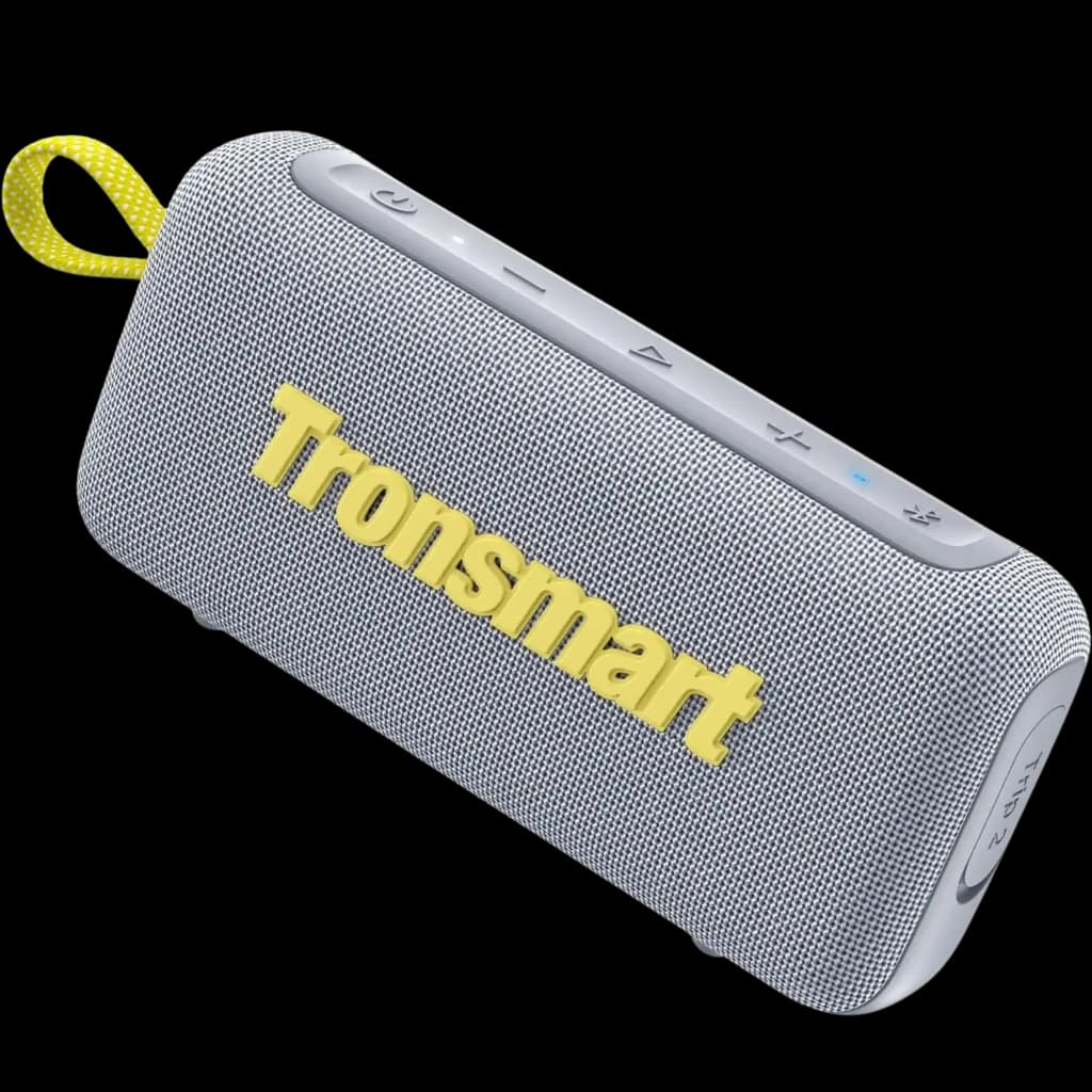 Enceinte portable Tronsmart Trip 2 10 W gris, maille textile, logo jaune, commandes supérieures, coins arrondis, sangle de transport jaune, design compact