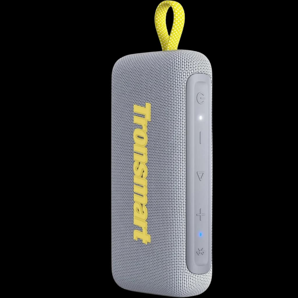 Enceinte portable grise compacte 10 W, tissu maillé, logo Tronsmart jaune, boucle de transport, boutons latéraux rétroéclairés, design vertical robuste